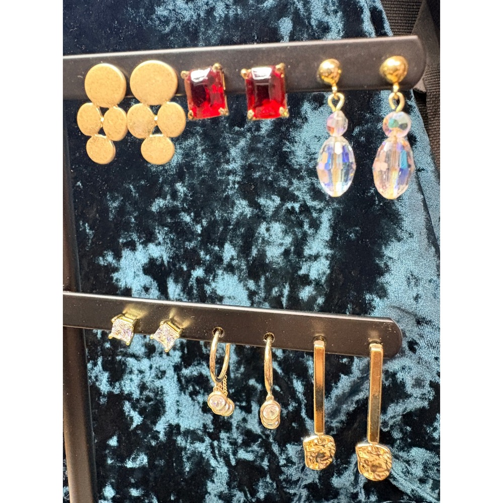 Gold‎ Tone Red Gemstone & Crystal Dangle Earrings Set 6 Pairs